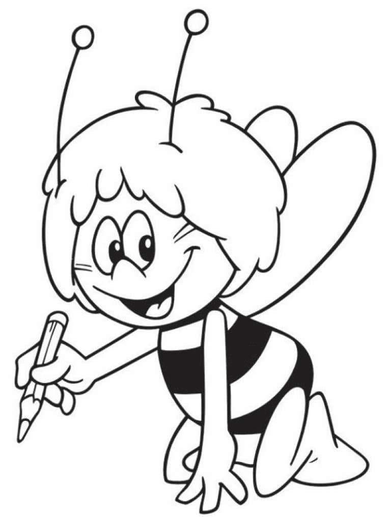 Desenho da Abelha Maia Segurando Lápis para Colorir