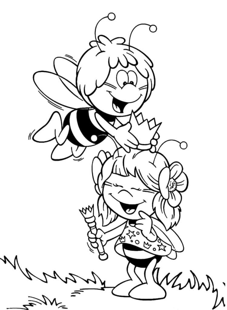 Desenho de a Abelha Maia Coroando a Rainha para Colorir