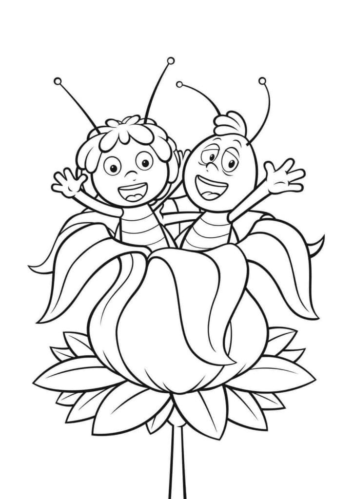 Desenho Maya e Willy Brincando em uma Linda Flor para Colorir