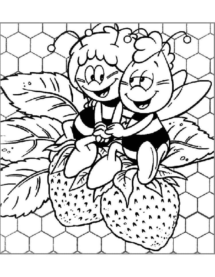 Desenho Maya e Willy Sentados em Cima de Dois Morangos para Colorir
