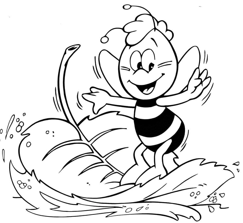 Desenho Willy de a Abelha Maia Surfando com Folha de Árvore para Colorir