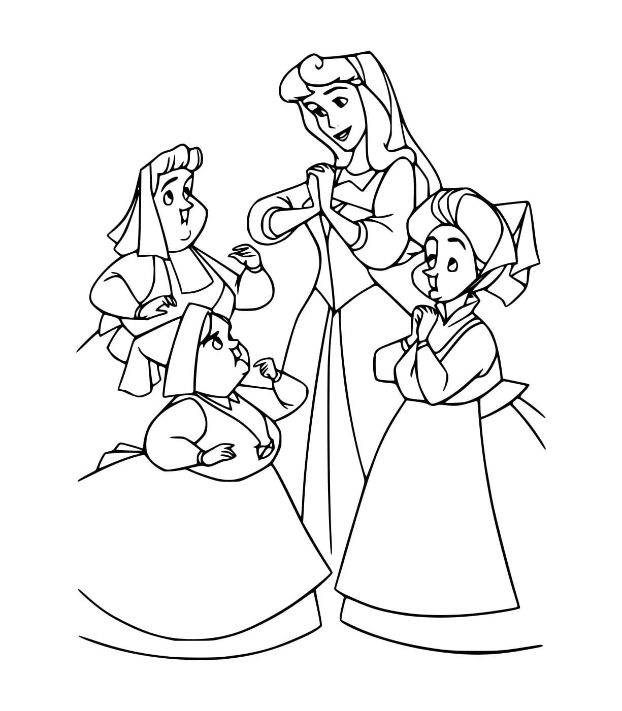 Desenho de Aurora com Fadas Idosas para Colorir