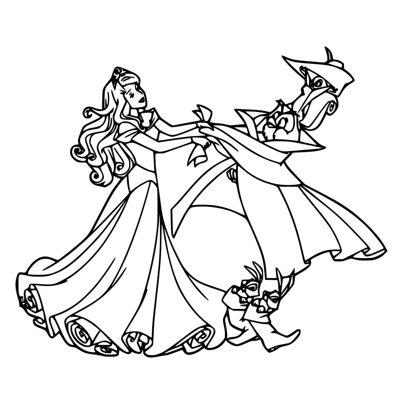 Desenho de Aurora Dançando com Animais da Floresta para Colorir