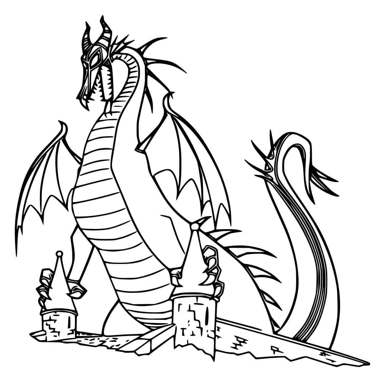 Desenho de Dragão Malévola no Castelo para Colorir