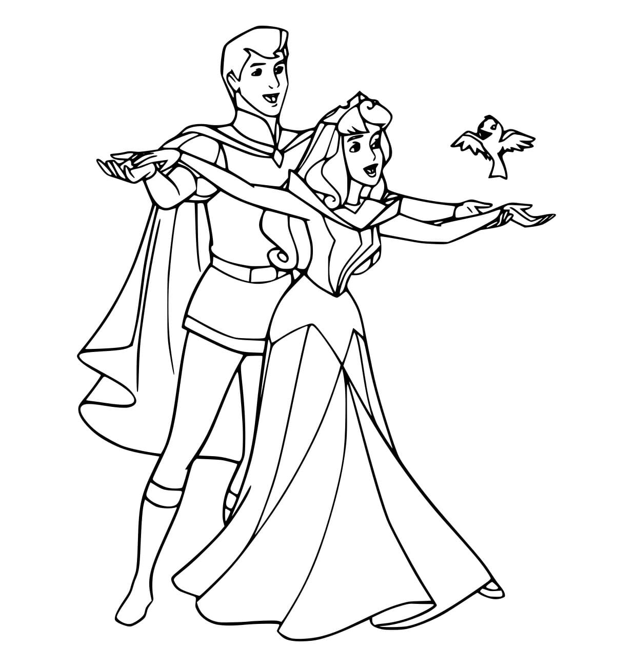 Desenho de Phillip e Aurora com um Pássaro para Colorir