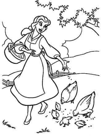 Desenho Bela Feliz Alimentando os Animais para Colorir