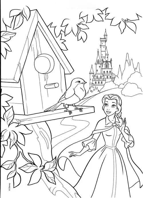 Desenho Bela e Pássaro no Jardim do Castelo para Colorir