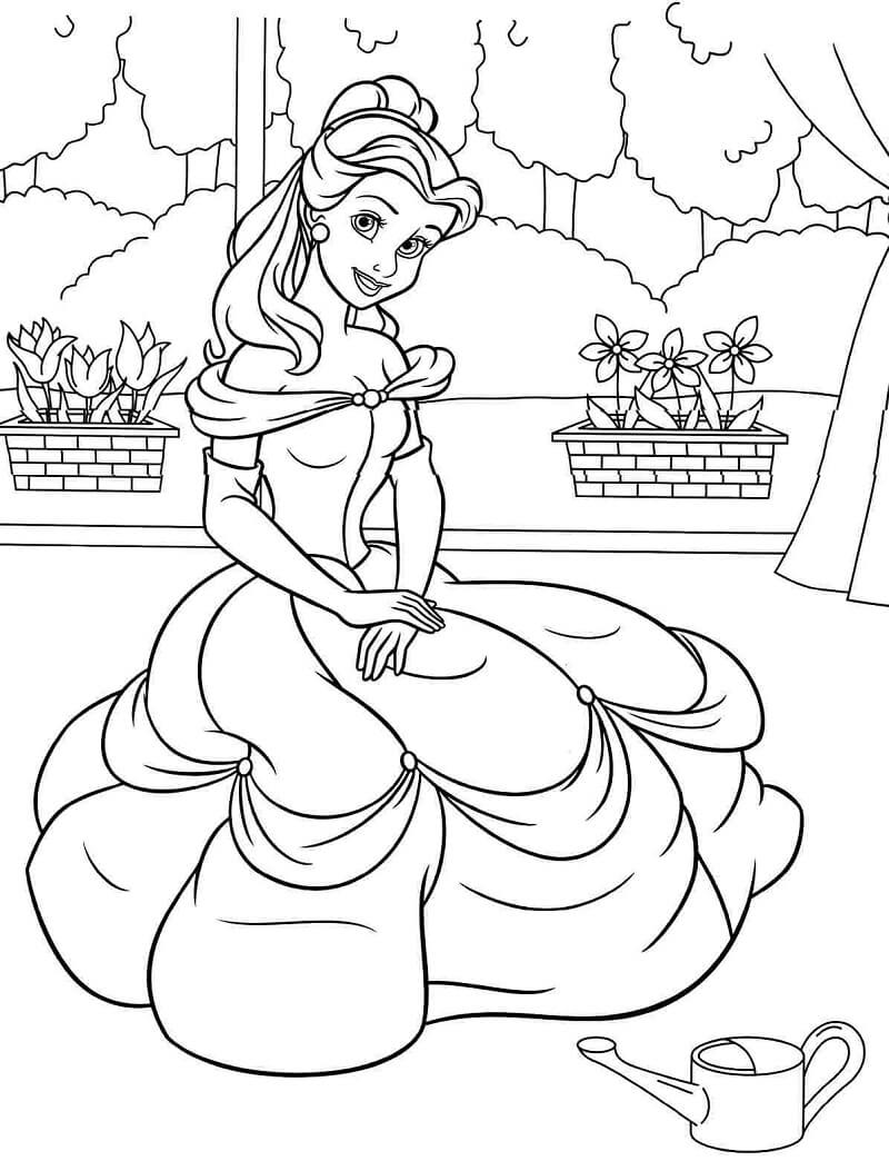 Desenho Adorável Princesa Aurora Cuidando do Jardim para Colorir