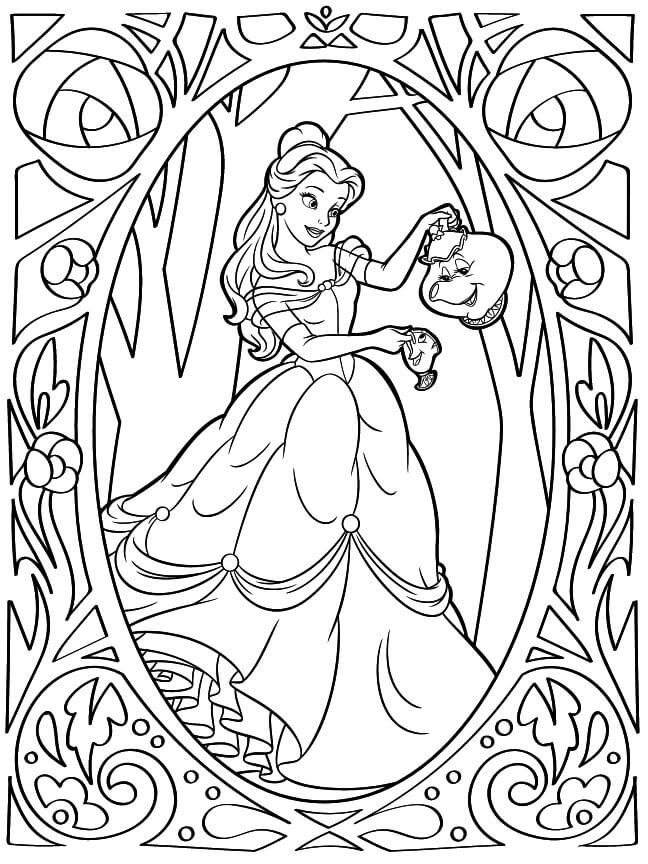 Desenho com Muitos Detalhes de Bella Sra Potts e Chip para Imprimir Grátis
