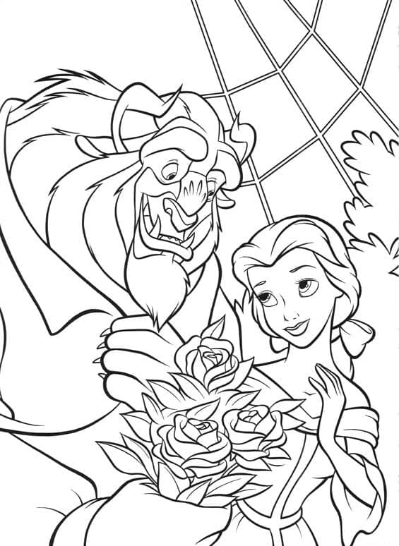 Desenho da Fera Entregando Flores para a Bela Disney para Colorir