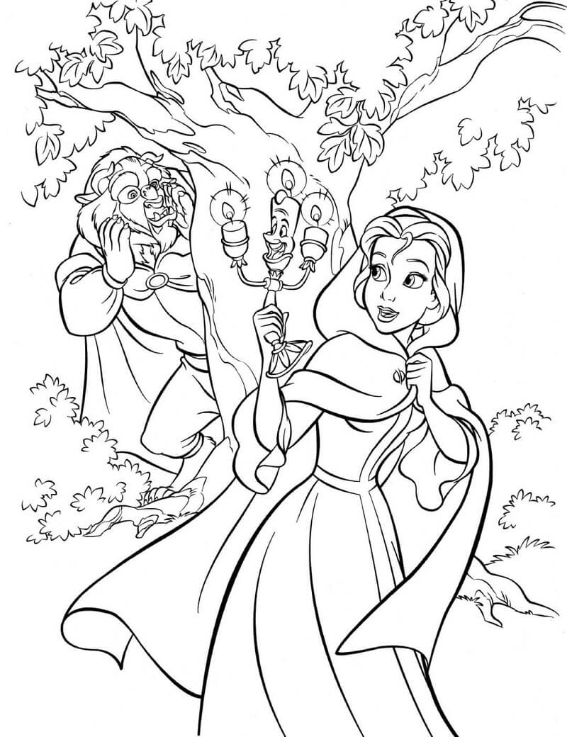 Desenho da Bela Procurando a Fera na Floresta para Colorir