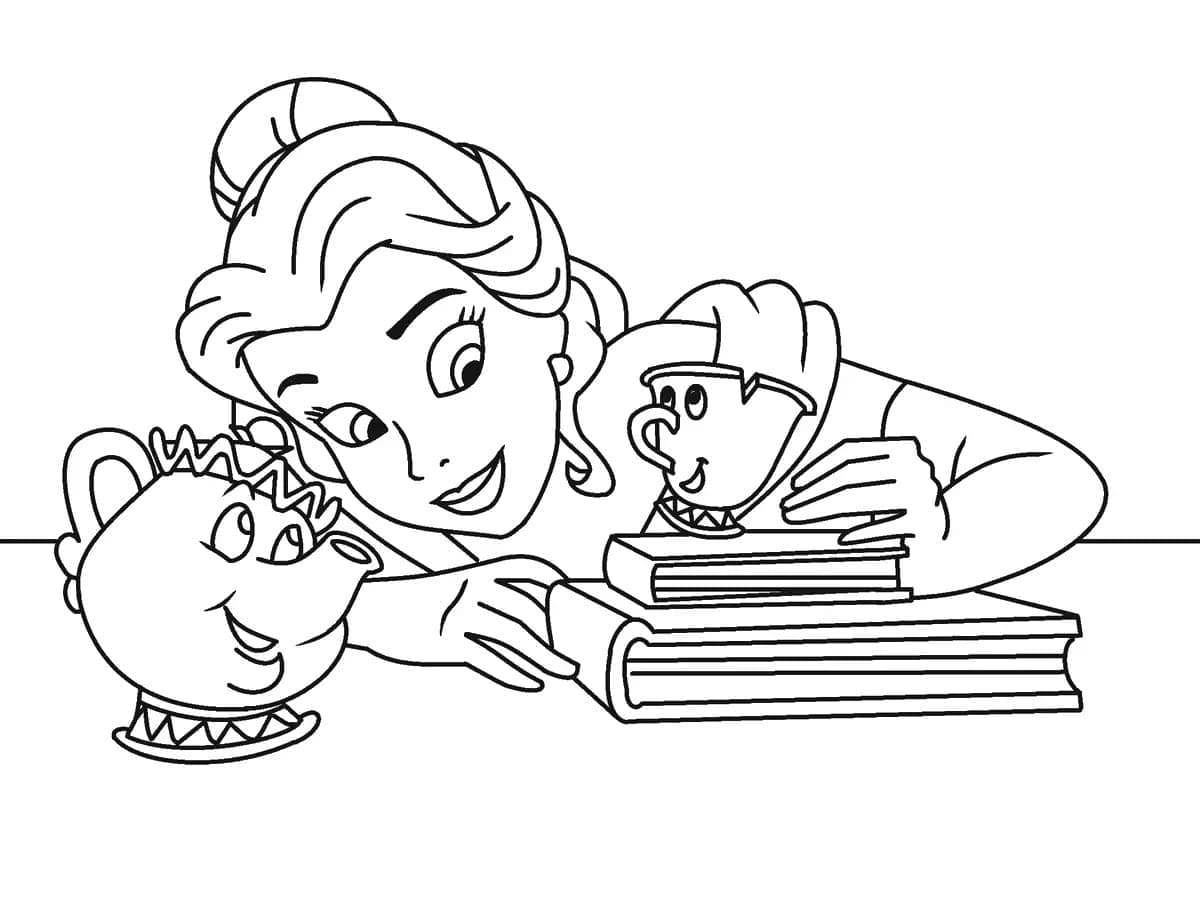 Desenho da Bela Sra Potts e Chip Lendo Livros para Colorir