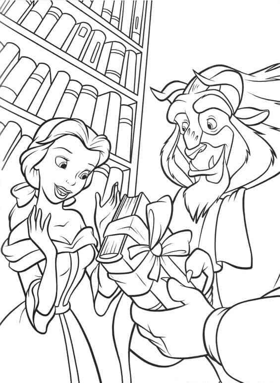 Desenho da Fera Entregando Livro de Presente para Bela para Colorir