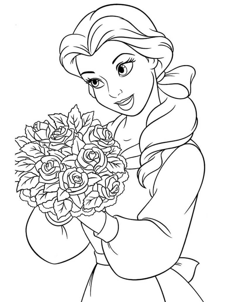 Desenho da Linda Princesa de a Bela e a Fera Segurando Buque de Flores para Colorir