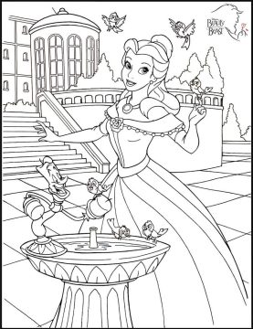 Desenho Princesa Bela No Bebedouro Do Jardim Com Seus Amigos Para Colorir