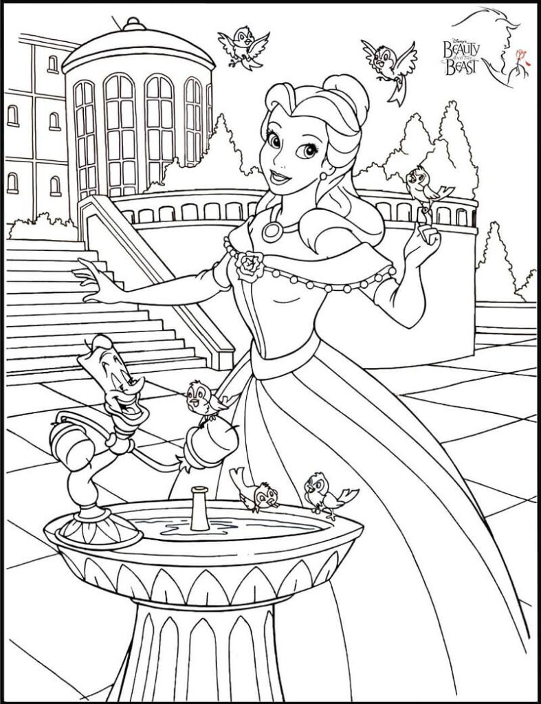 Desenho Princesa Bela no Bebedouro do Jardim com Seus Amigos para Colorir