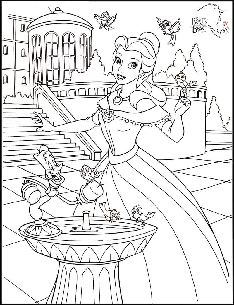 Desenho Princesa Bela no Bebedouro do Jardim com Seus Amigos para Colorir