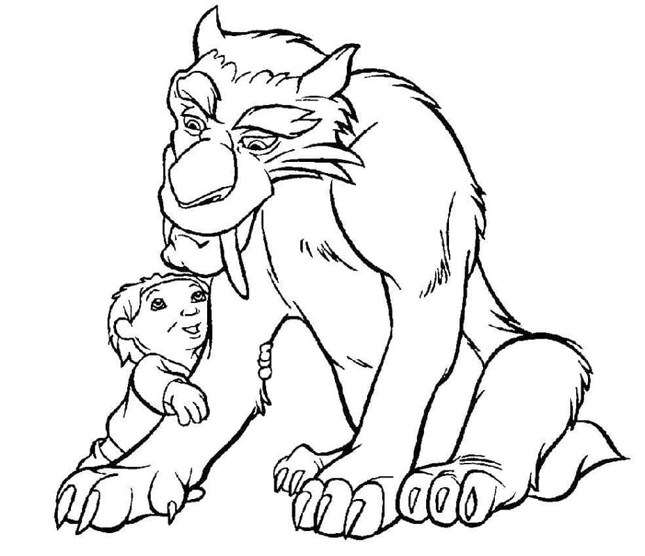 Desenho a Era do Gelo Diego e Criança Brincando para Colorir