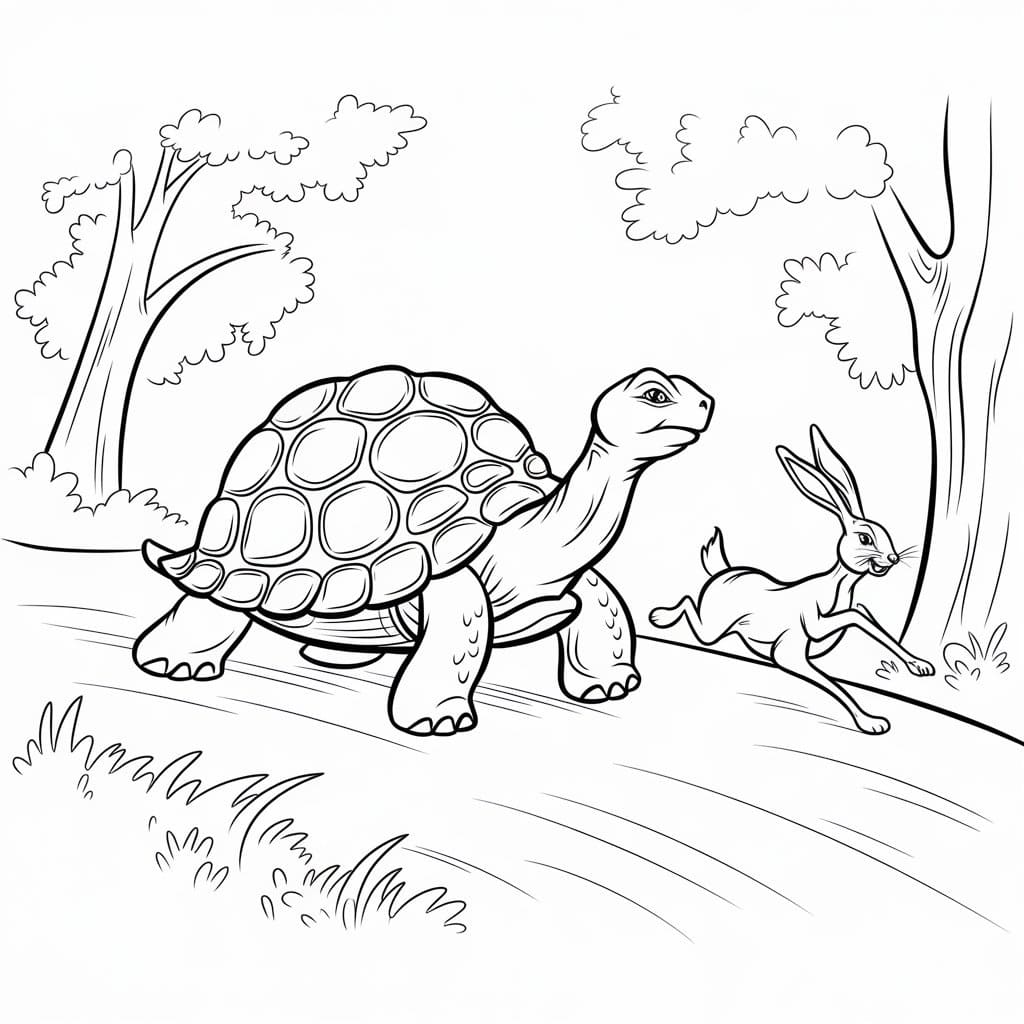 Desenho de Pintura de a Lebre e a Tartaruga para Colorir