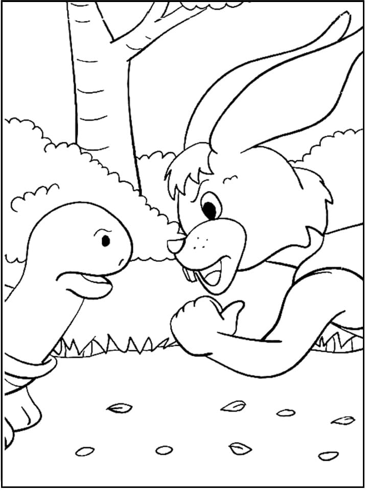 Desenho de a Lebre e a Tartaruga Conversando Antes da Corrida para Colorir