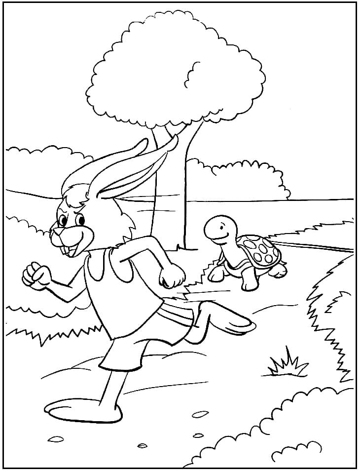 Desenho de a Lebre e a Tartaruga Correndo na Floresta para Colorir