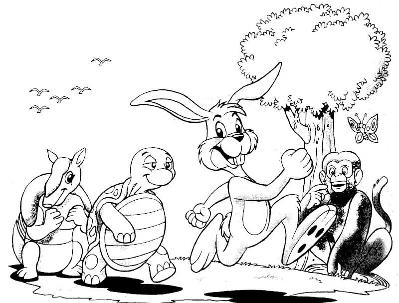 Desenho de a Lebre e a Tartaruga Corrida na Floresta com os Animais para Colorir