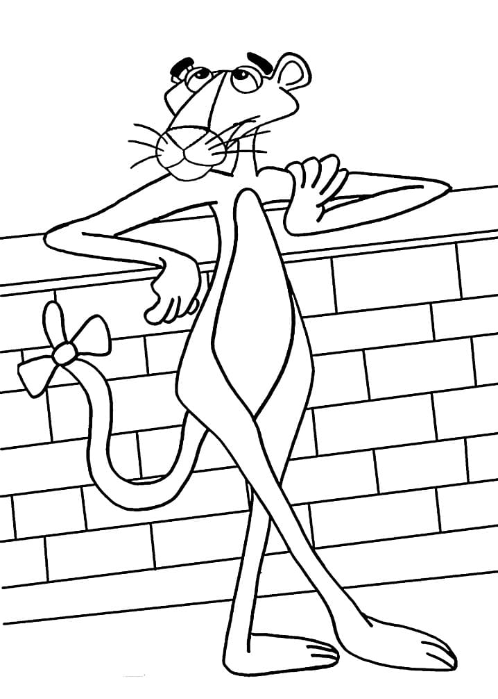 Desenho a Pantera Cor de Rosa Encostada em Muro de Tijolos para Colorir
