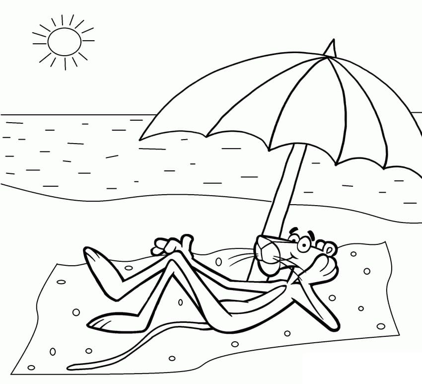 Desenho a Pantera Cor de Rosa Relaxando na Praia para Colorir