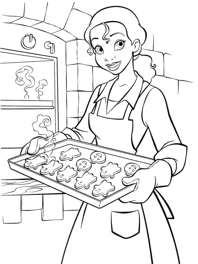 Desenho Adorável Tiana Fazendo Biscoitos Natalinos para Colorir