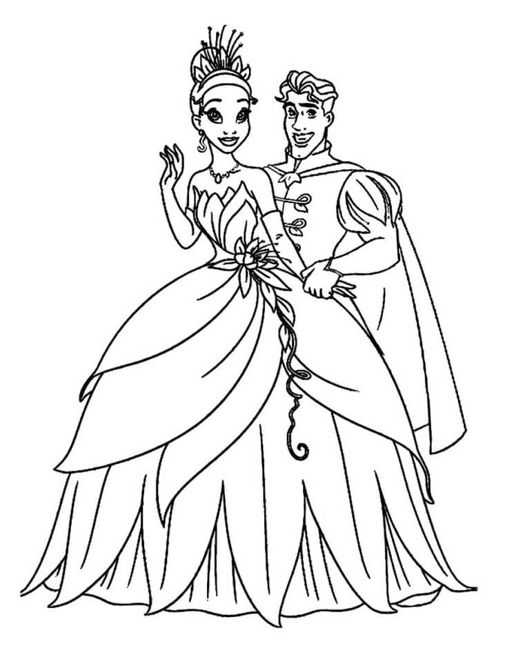 Desenho da Princesa Tiana e Príncipe na Festa do Castelo para Colorir