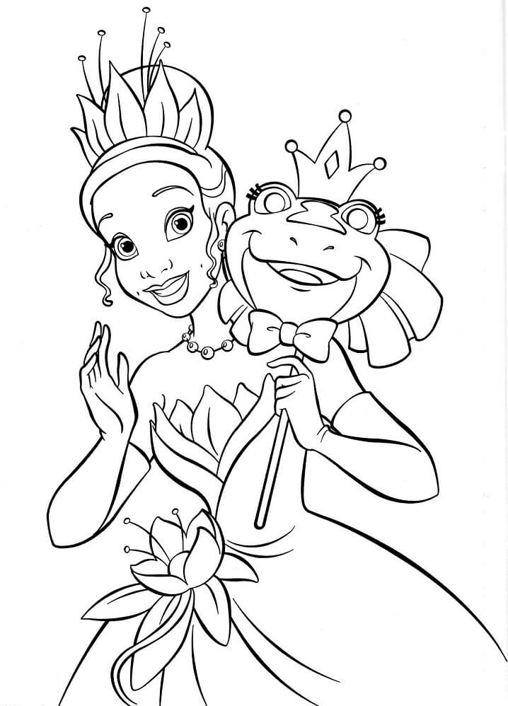 Desenho da Princesa Tiana Segurando Mascada de Sapo para Colorir