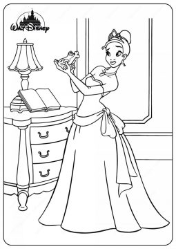 Desenho Linda Princesa Tiana Da Disney Olhando Para O Sapo Para Colorir