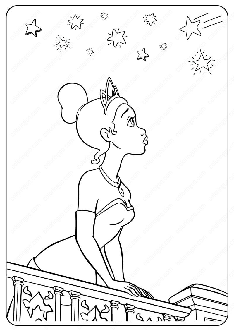 Desenho Linda Princesa Tiana Olhando para o Céu de Estrelas para Colorir