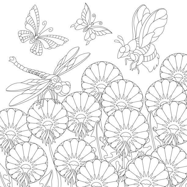 Abelha Borboletas e Libélula com Flores