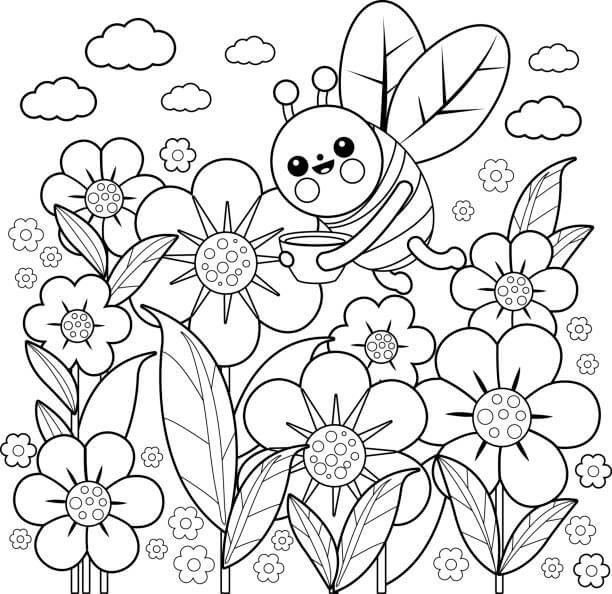 Desenho de Abelha Coletando Necta de Flores na Primavera para Fazer Mel para Pintar