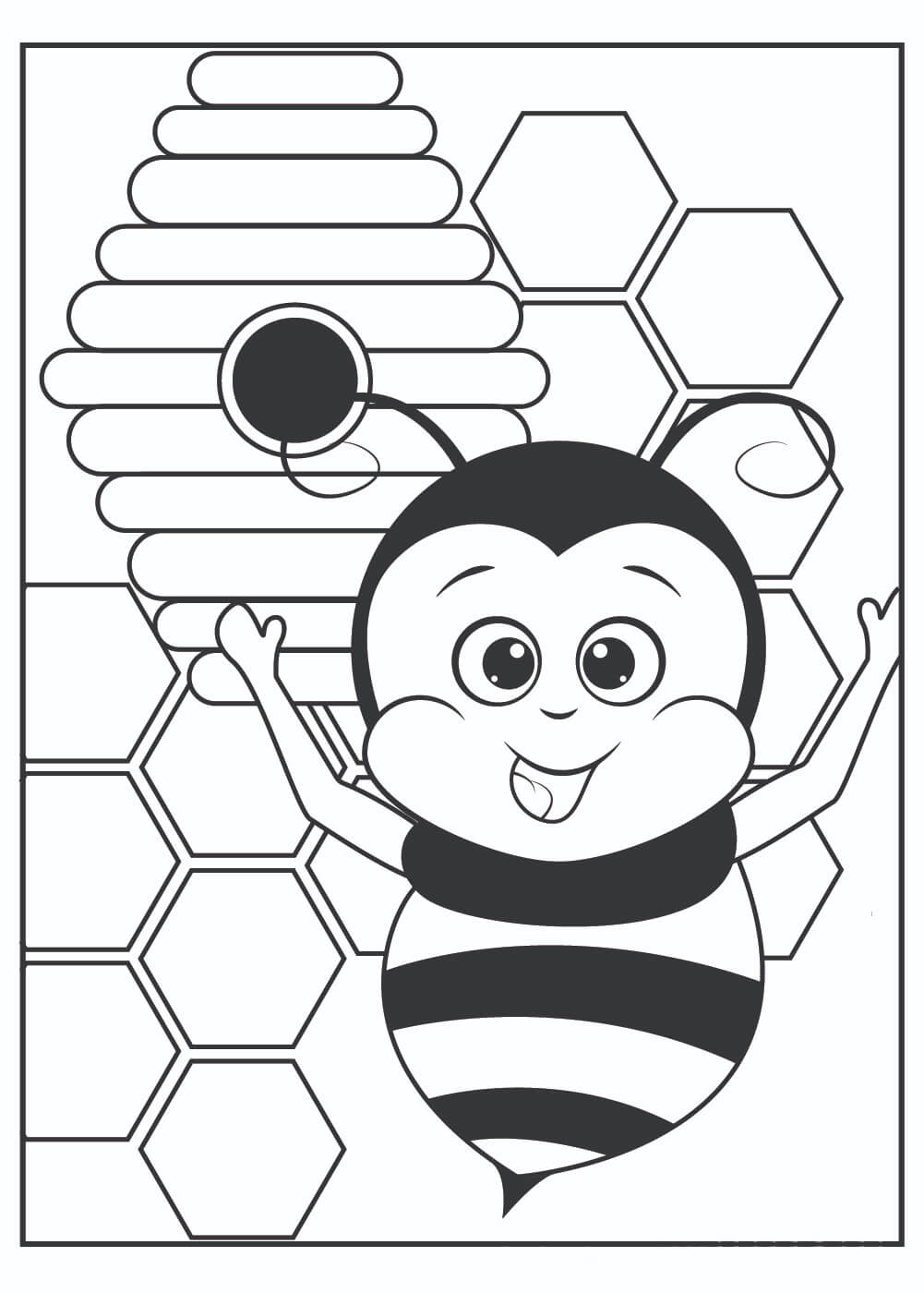 Desenho de Abelha Fofa em Colmeia para Colorir