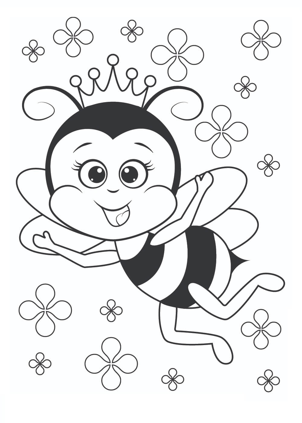 Desenho de Abelha Rainha com Flores para Colorir