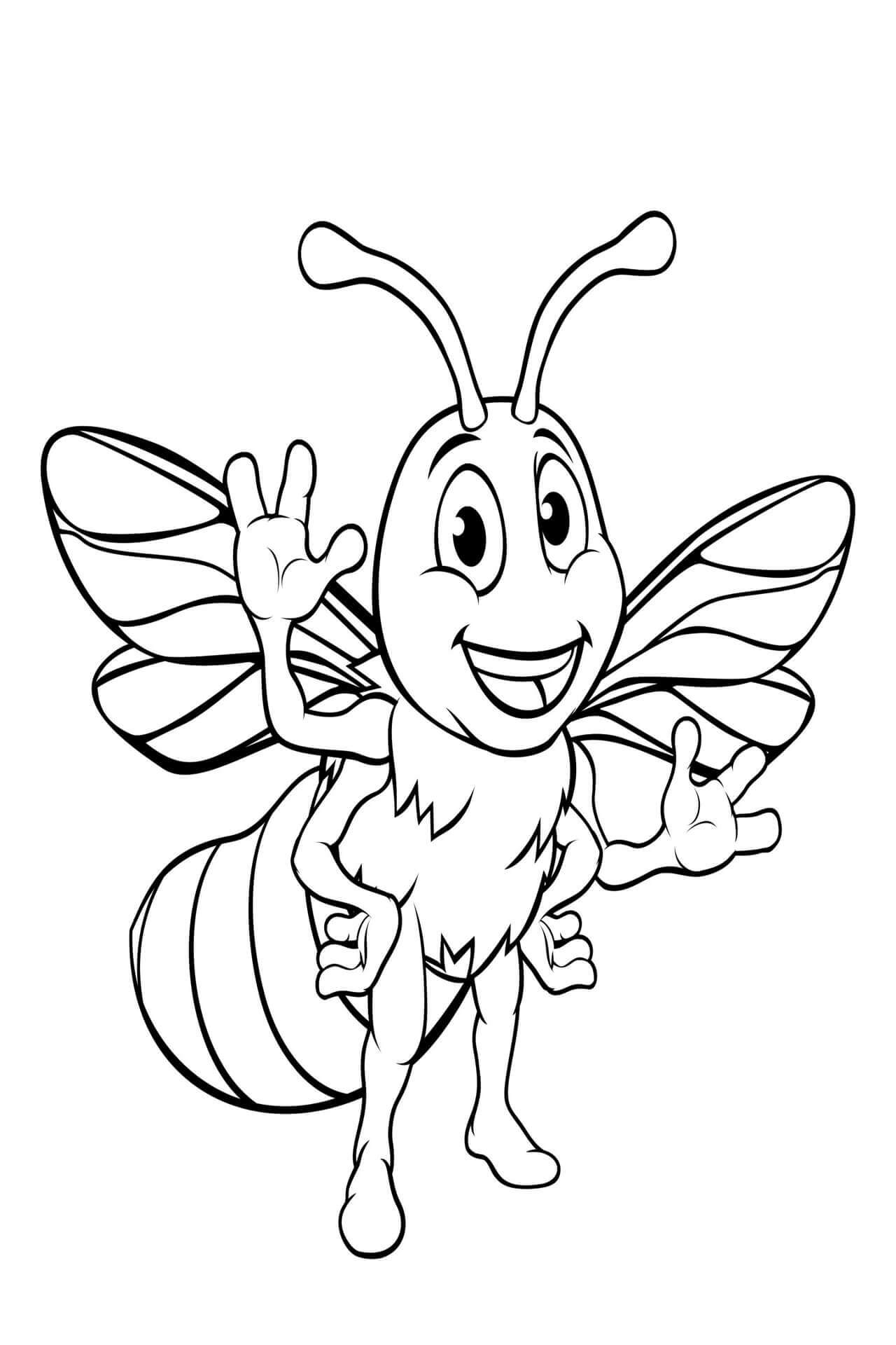 Desenho de Abelha Sorrindo e Voando para Colorir