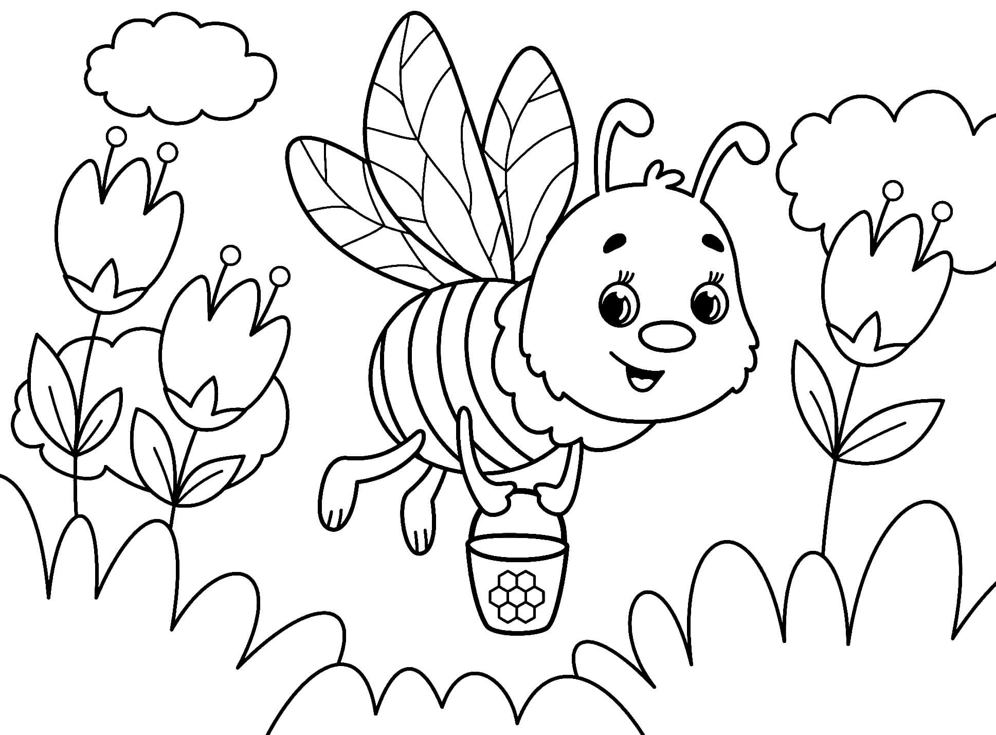 Desenho de Abelha Transportando Mel Num Balda na Floresta para Pintar