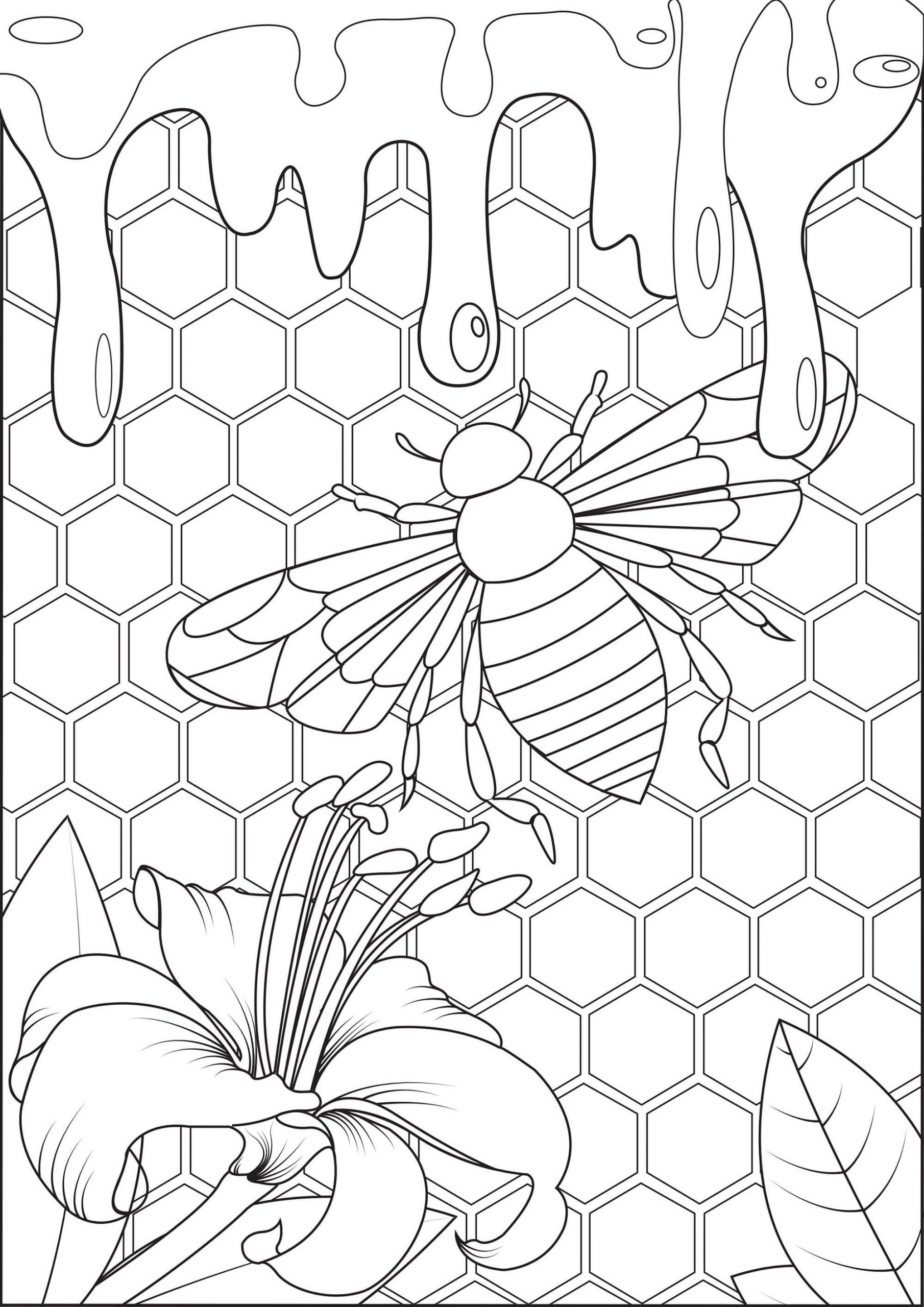 Desenho de Abelhas e Cera de Abelha com Flor para Colorir