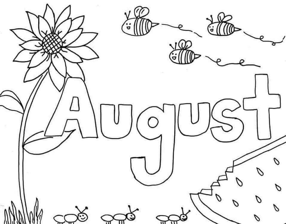 Desenho de Agosto com Abelhas e Flores para Pintar