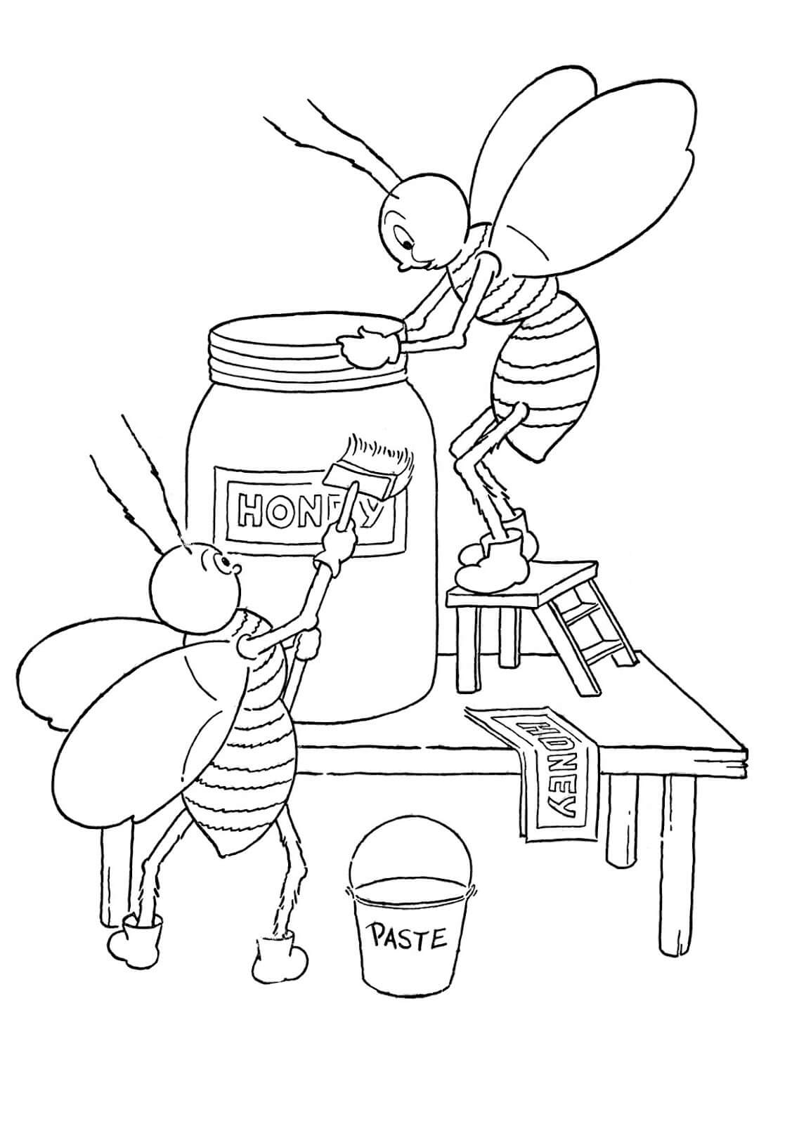Desenho de Duas Abelhas com Pote de Mel para Pintar