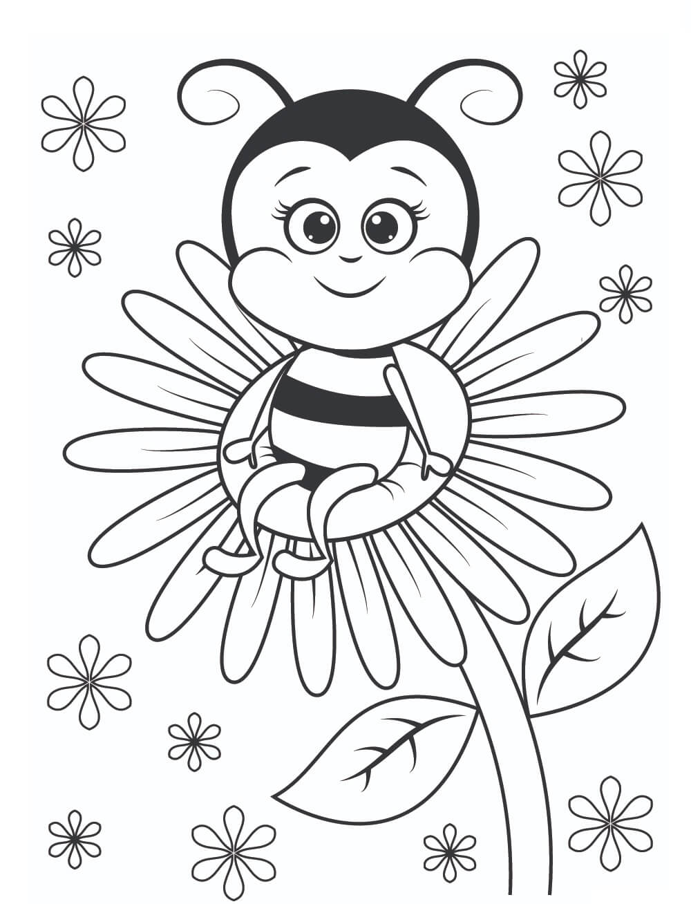Desenho de Linda Abelha Sentada no Girassol para Colorir