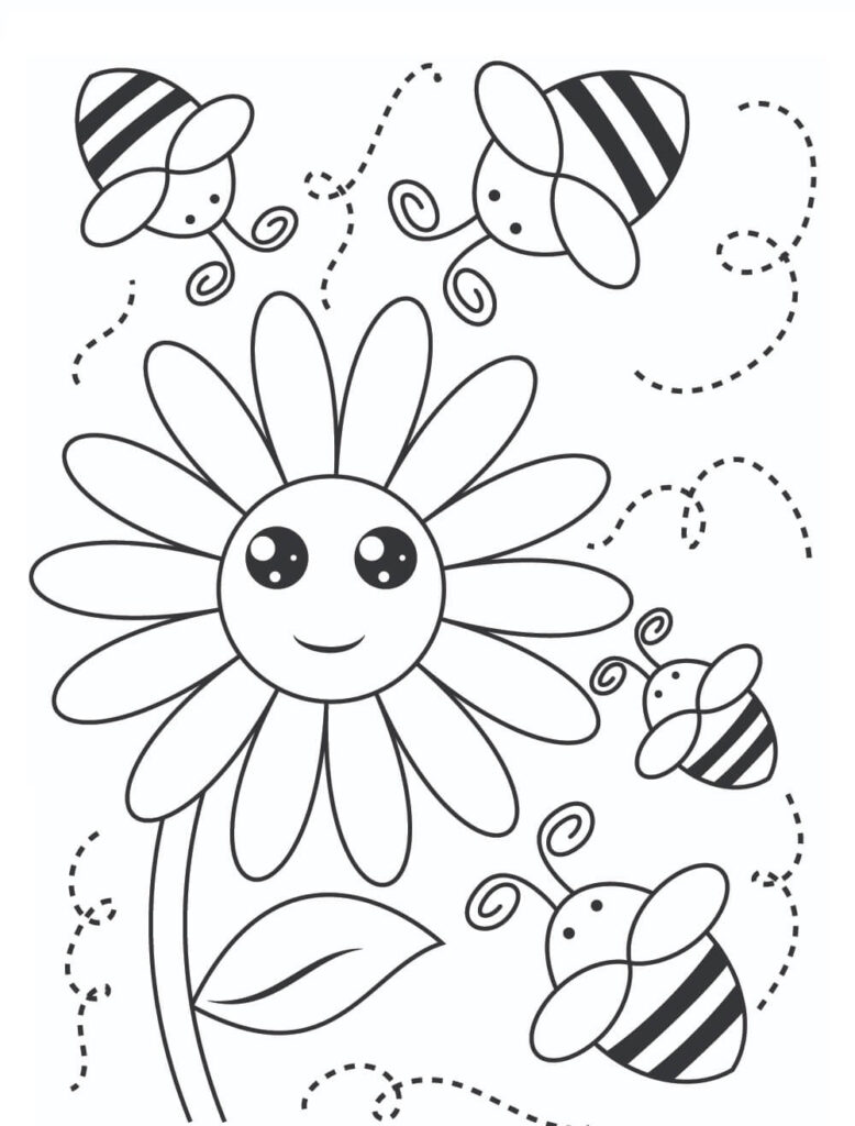 Desenho de Quatro Abelhas com Flor