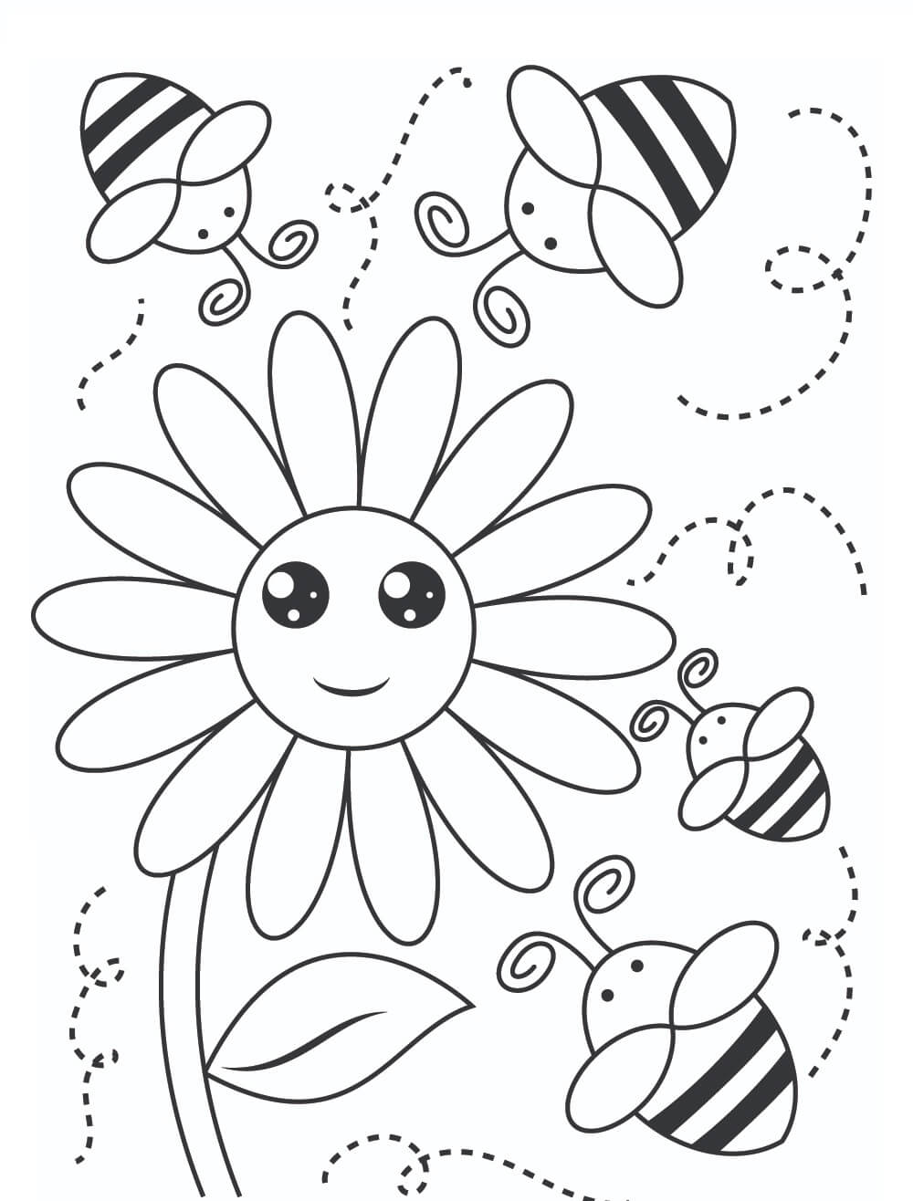 Desenho de Quatro Abelhas com Flor