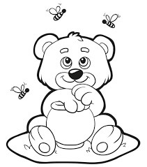 Desenho de Urso com Pote de Mel e Abelhas Voando para Colorir