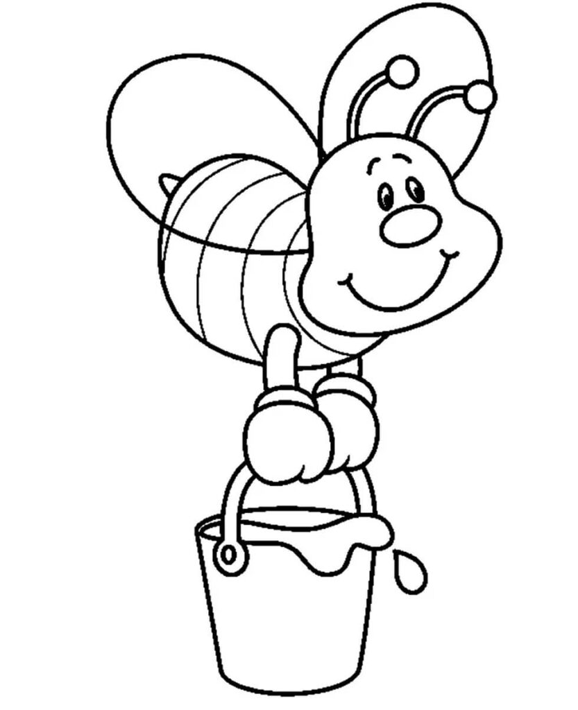 Desenho Imprimivel de Abelha Segurando um Balde de Mel Saboroso