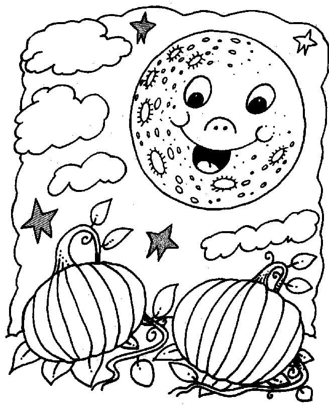 Desenho de Lua e Abóboras para Colorir