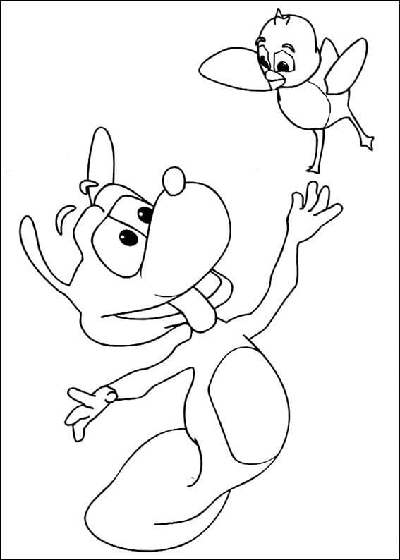 Desenho Adiboo Cachorro e Pássaro para Colorir