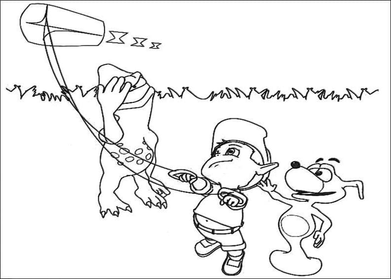 Desenho Adiboo e Amigos Soltando Pipa para Colorir
